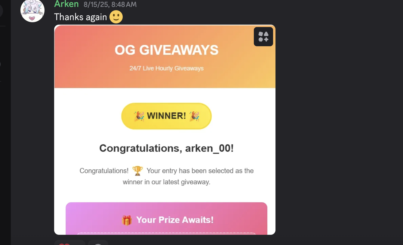 Thank you message from arken_00