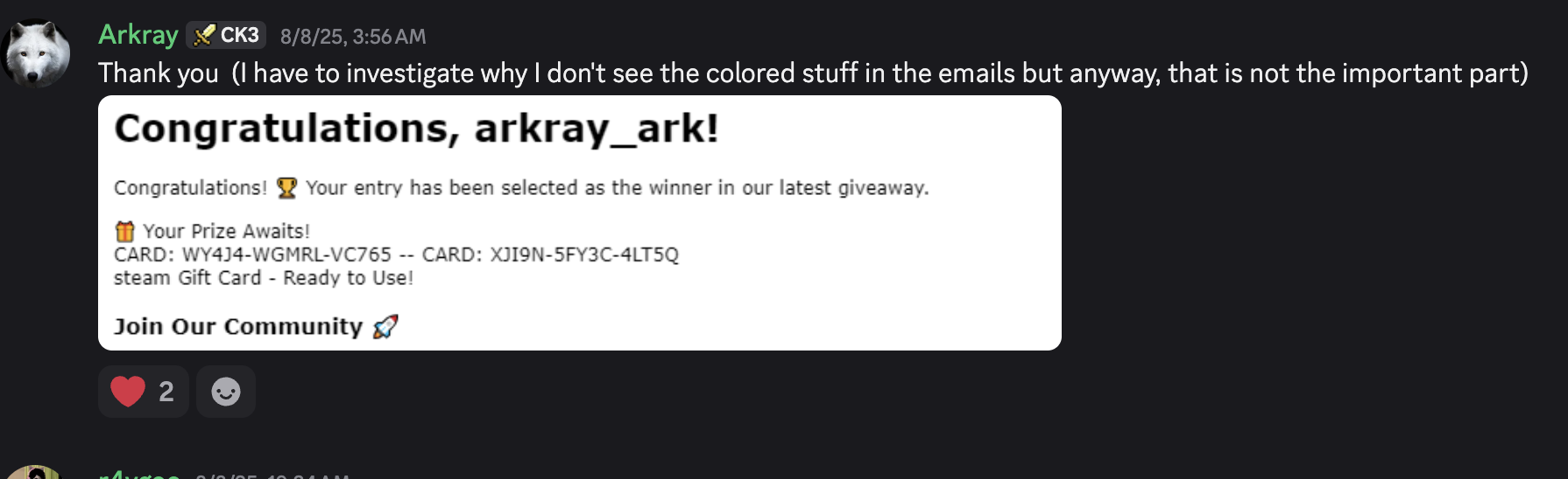 Thank you message from arkray_ark