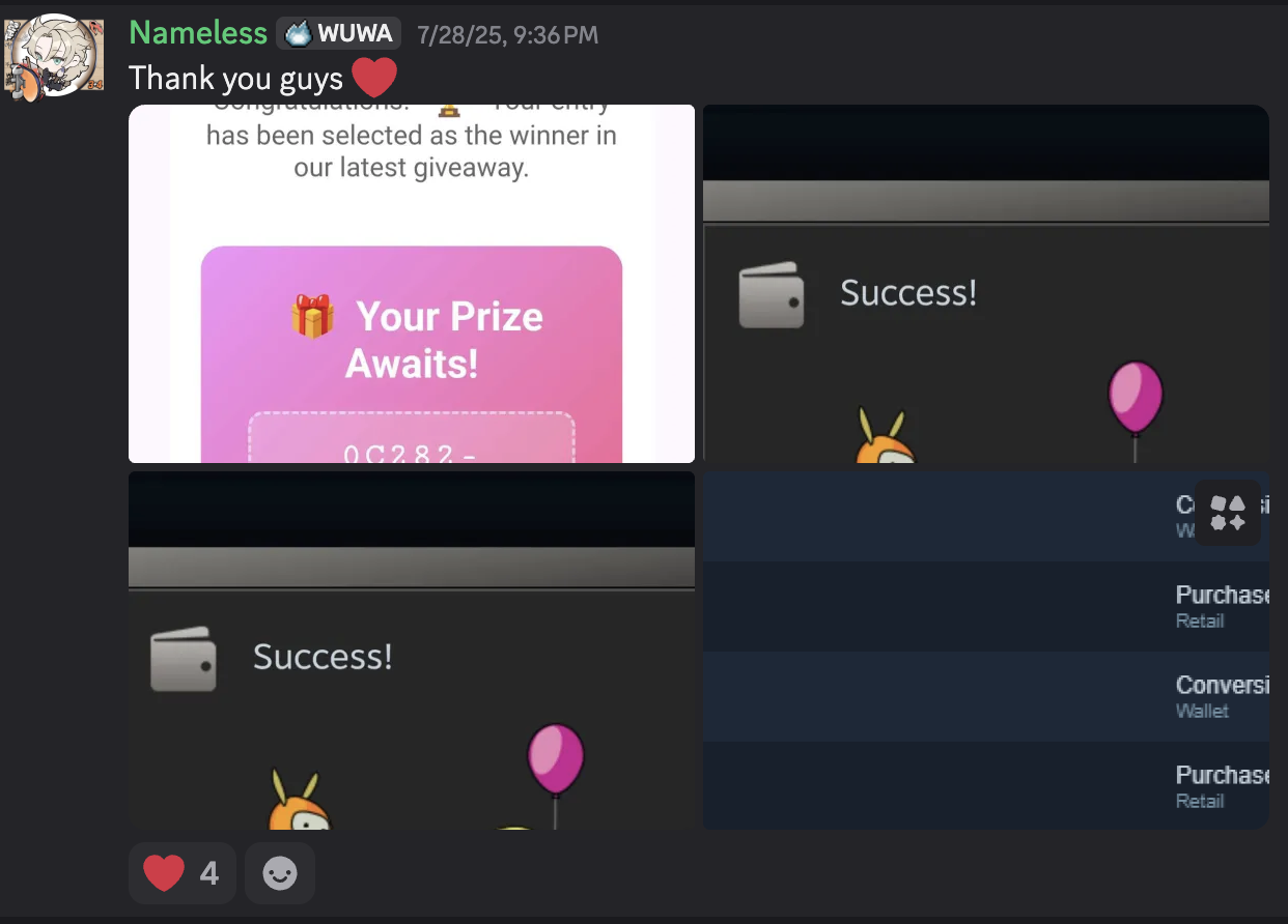 Thank you message from Nameless