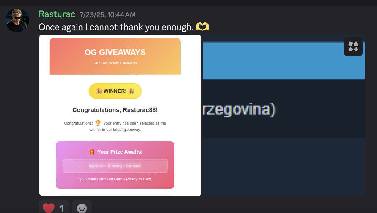 Thank you message from Rasturac88